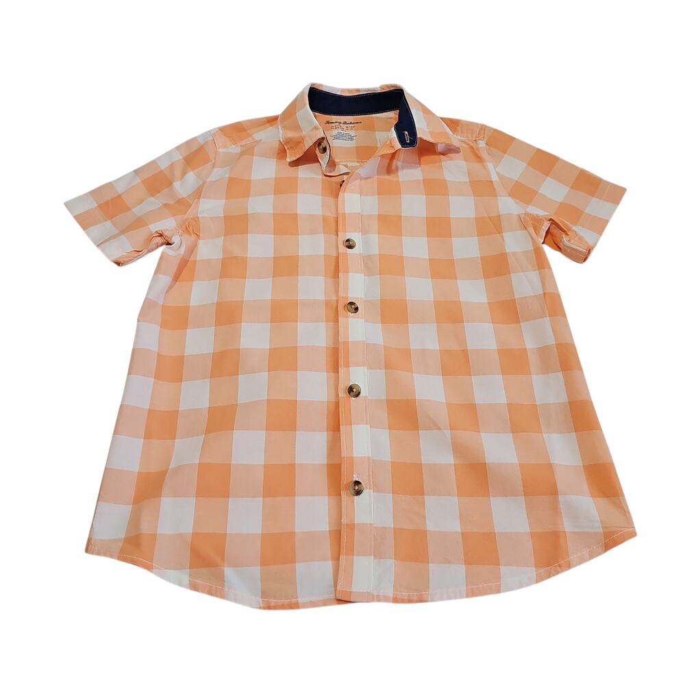 Tommy Bahama Short Sleeve Button Up Shirt Boys Medium 7/8 Orange White Check